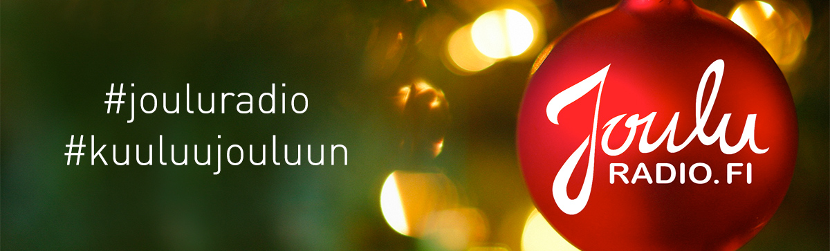 Punainen joulupallo jossa Jouluradion logo sekä teksti #kuuluujouluun #jouluradio.