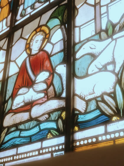 A stained-glass window in a church.