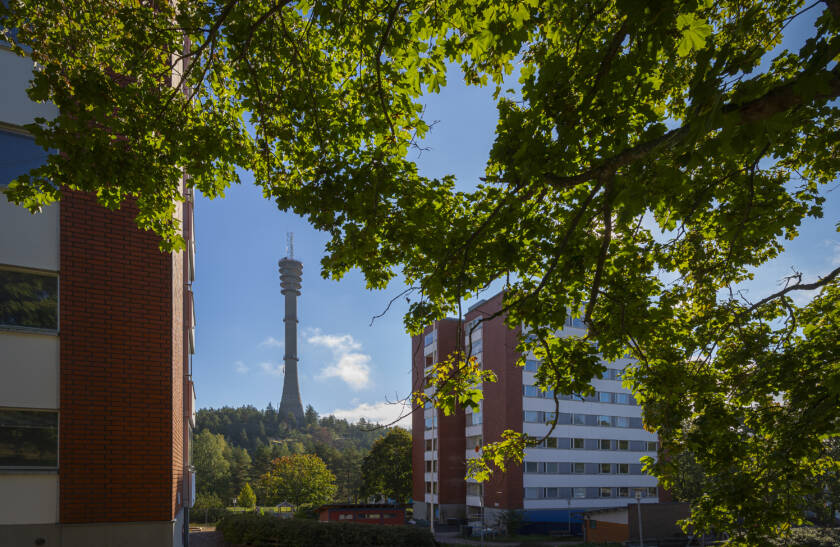 Kaksi punatiilistä kerrostaloa kesäisessä maisemassa, taustalla Pääskyvuoren torni.
