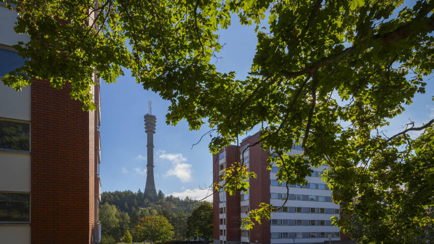 Kaksi punatiilistä kerrostaloa kesäisessä maisemassa, taustalla Pääskyvuoren torni.