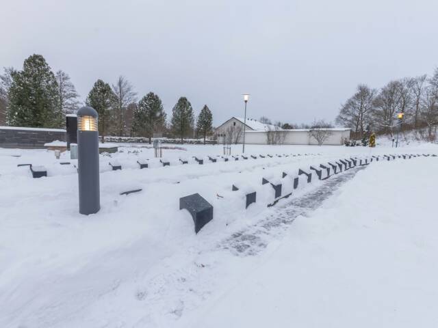 Kaksi riviä muistokiviä lumisella hautausmaalla.