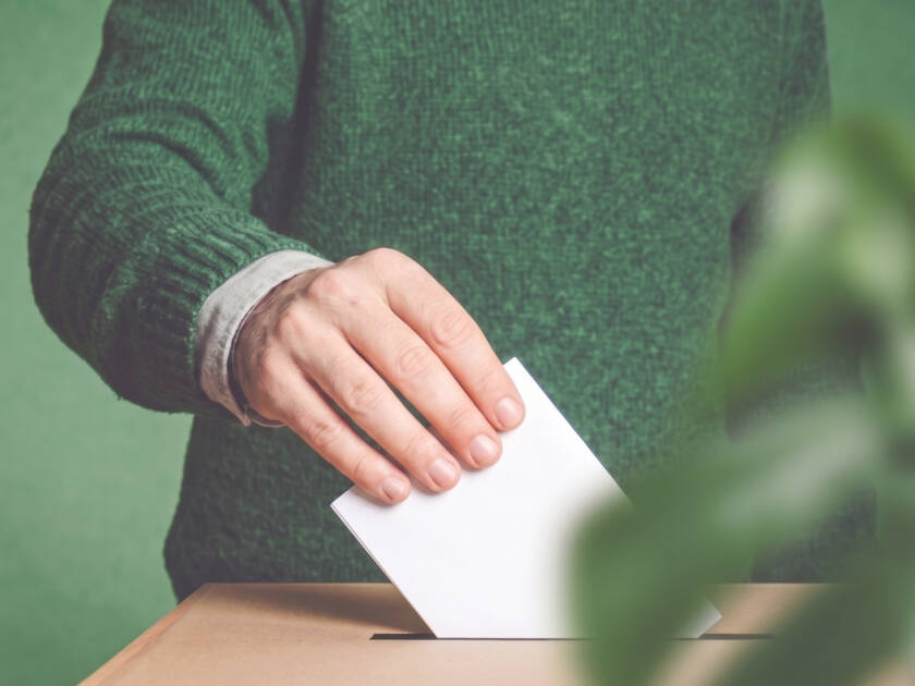 En person lägger en röstsedel i en låda. I bakgrunden finns en grön vägg och en växt.