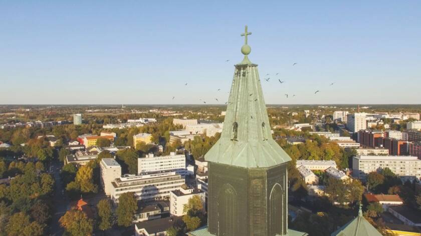 Linnut parveilevat Tuomiokirkon tornin ympärillä, taustalla näkyy kaupunkia.