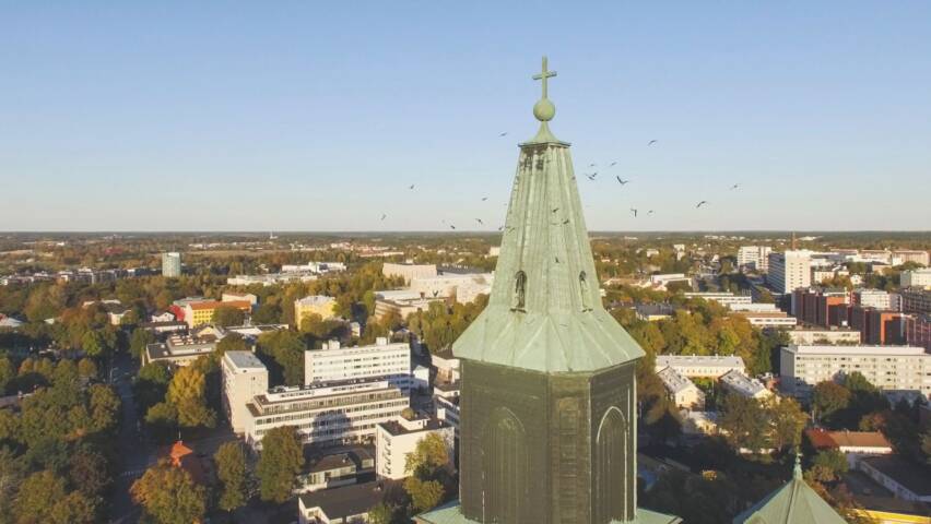Linnut parveilevat Tuomiokirkon tornin ympärillä, taustalla näkyy kaupunkia.