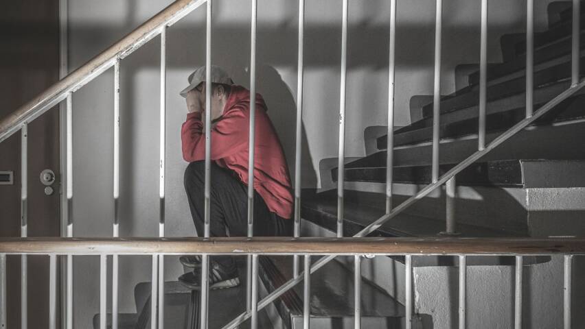 Mies istuu pimeässä rappukäytävässä pää painettuna käsiin.