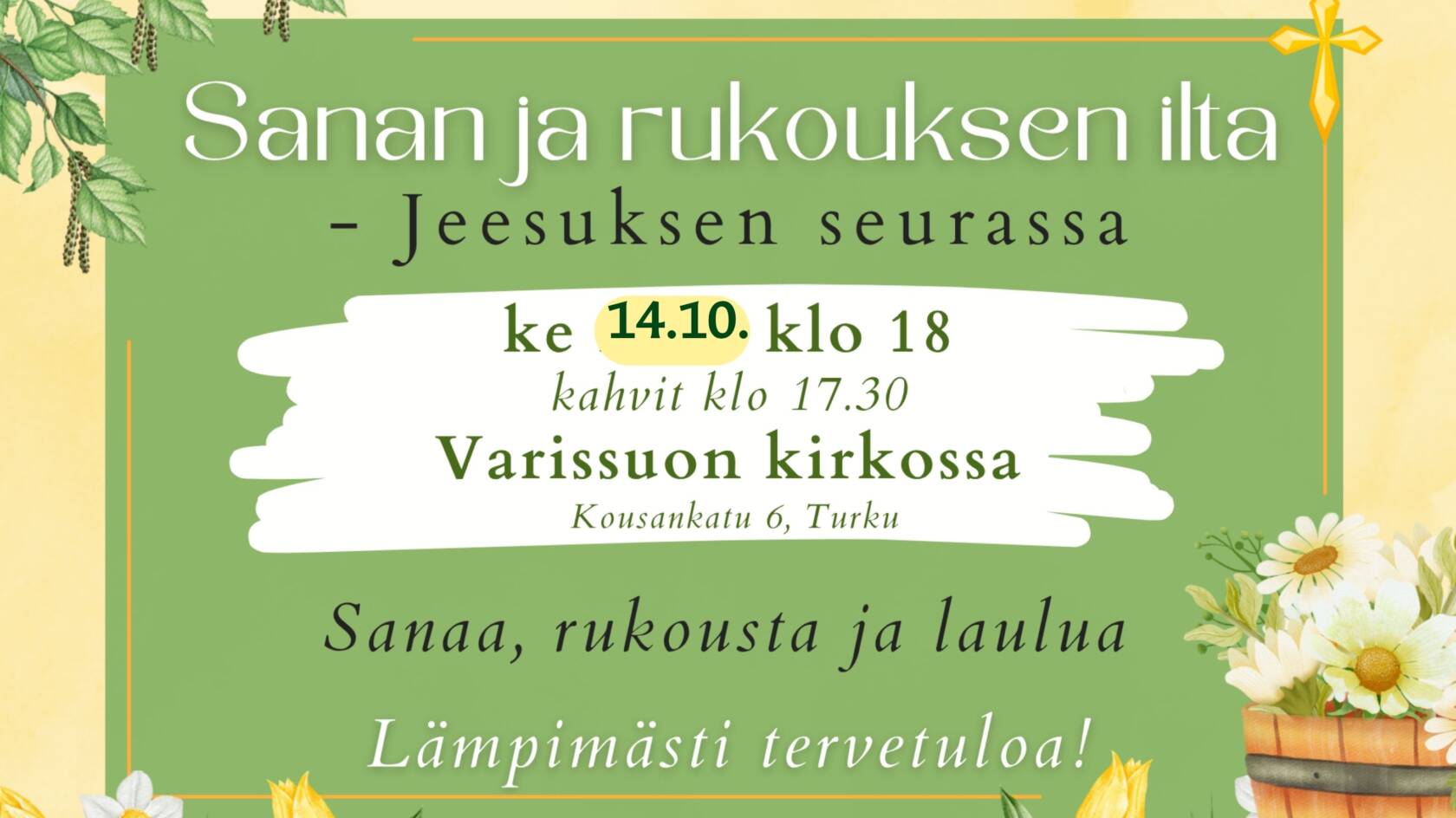 Mainos, vihreää ja keltaista.