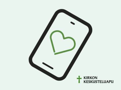 Piirroskuva kännykästä, jonka sisällä on vihreä sydän. Kirkon keskusteluapu -logo.