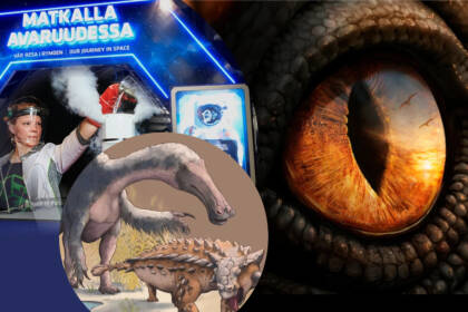 Dinosauruksen silmästä lähikuva ja Heurekan avaruusnäyttelystä.