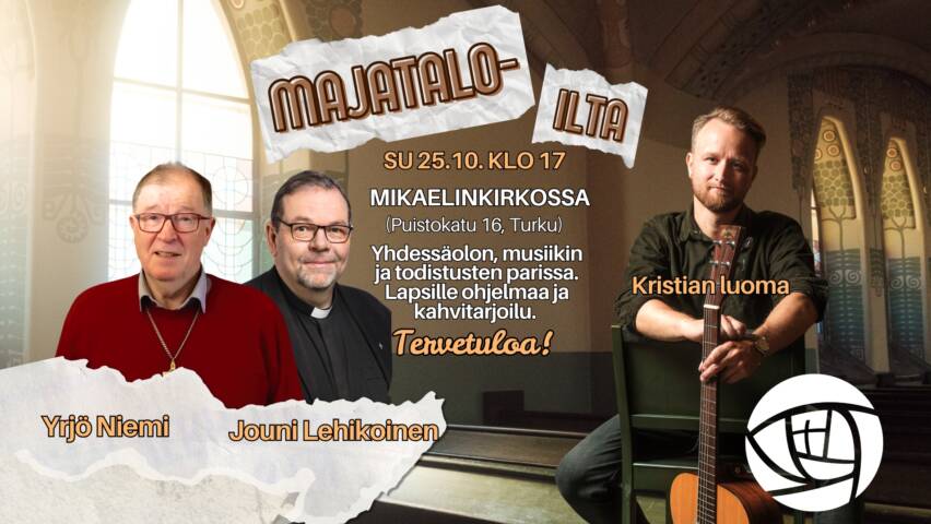 Mainoskuva, jossa henkilökuvat Kristian Luomasta, Yrjö Niemestä ja Jouni Lehikoisesta.