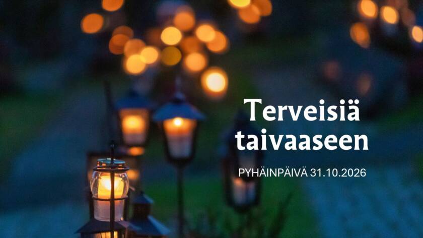 Valokuva hautausmaasta, jossa palaa kynttilöitä hämärässä, tekstillä "terveisiä taivaaseen".