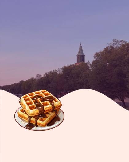 Maisema, jossa kirkko ja edessä vohveleita.